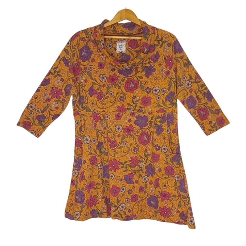 Country Rose Cotton Knit Tunic Top Mini Dress Women's Sz Lg Multicolor